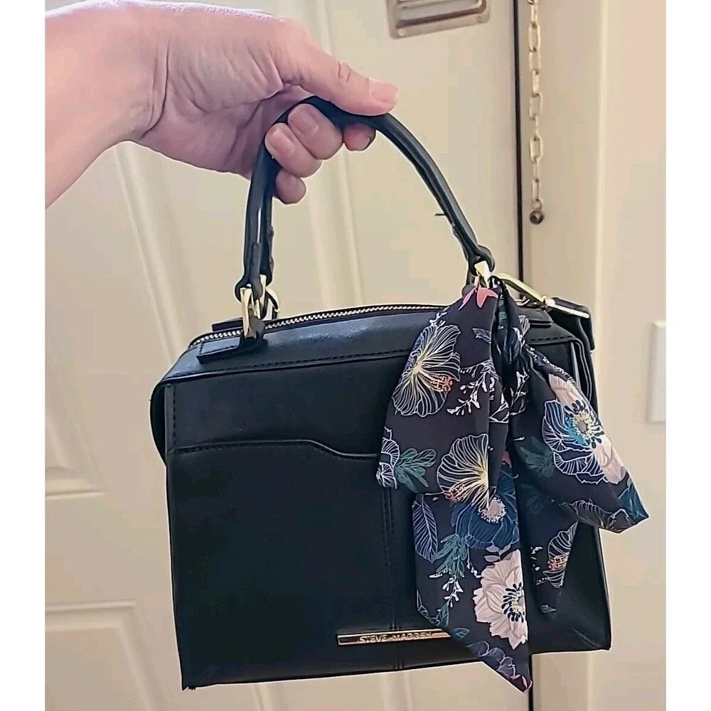 Steve Madden satchel crossbody bag Black Ribbon Gold zipper pockets - Picture 13 of 16